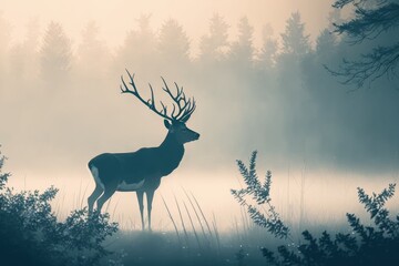 Silhouette of a deer in a foggy forest at dawn