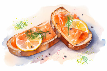 Appetizing sandwiches with salmon. AI generation