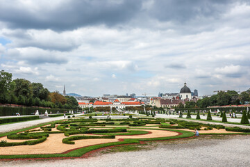 Fototapeta premium Garden Belvedere in Vienna with Cloudy Sky. European Tourist Destination during Overcast Clouds. Capital City of Austria.