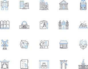 Building restoration outline icons collection. Rebuilding, Preservation, Renovation, Rehabilitation, Refurbishment, Conserve, Repair vector and illustration concept set. Maintenance, Reinforcement
