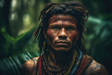 South American tribes people with many tattoos on their bodies from the South American jungle. Generative AI
