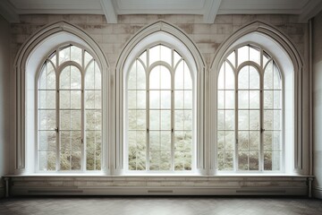 mockup image. 3 three empty white double arched windows. vintage arched windows in a wall. window frame. concept of antique vintage architecture in building elements. mock up. Generative AI