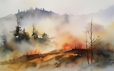 Obraz premium Misty morning in the forest. Watercolor illustration. Generative AI technology.