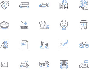 Warehouse management outline icons collection. Warehousing, Inventory, Logistics, Dispatch, Automation, Ergonomics, Processes vector and illustration concept set. Fleet, Delivery, Compliance linear