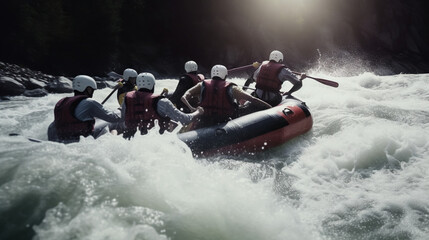 Team White Water Rafting Braving the Strong Currents and Splashing Waves Generative AI Photo