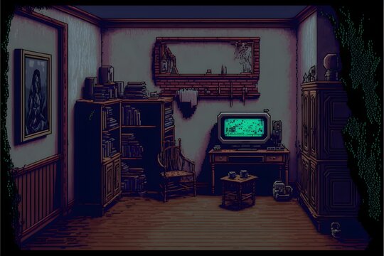 Interior Of Abandoned Retro Boarding House Dark Animecore Noire Suspense Vibes In Style Of Of Retro Pc Visual Novel Or Rpg Game 64bit 