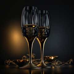 Generative ai of black and gold champagne glasses