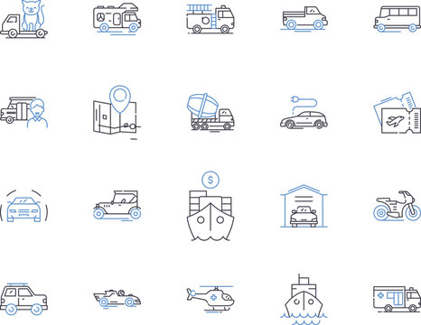Transport and travel outline icons collection. Logistics, Planes, Boats, Trains, Roads, Ridesharing, Buses vector and illustration concept set. Autos, Taxis, Cabs linear signs