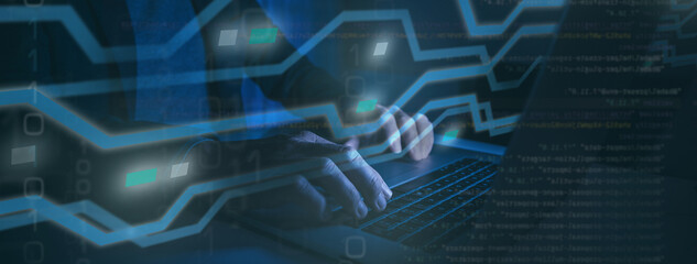 Hands typing on keyboard. Programming online database. Data processing center concept.