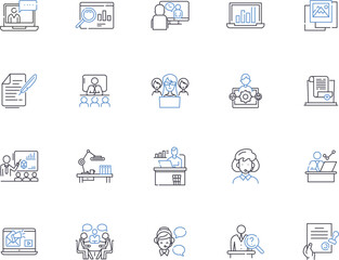 Workplace outline icons collection. Job, Office, Building, Desk, Employee, Team, Environment vector and illustration concept set. Supervisor, Floor, Meeting linear signs