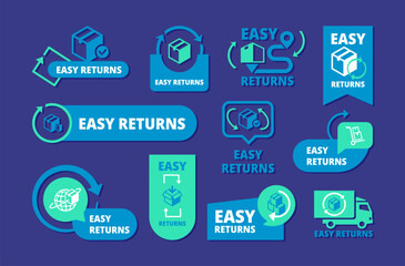 Easy returns retail business icon risk free commercial badge set line isometric vector illustration