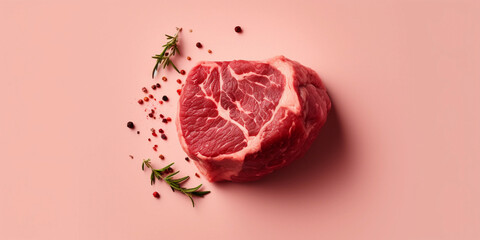 fresh raw meat with rosemary and black and red pepper, isolated on a bright background, top view, created with generative ai