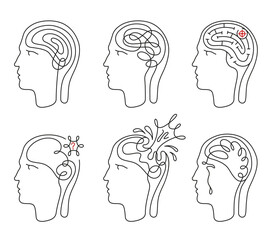 Mental disorder psychological problems human head continuous line set vector illustration