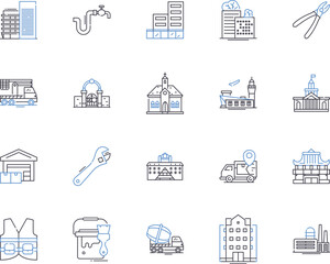 Construction design outline icons collection. Architecture, Drafting, Plans, Layout, Building, Infrastructure, Materials vector and illustration concept set. Structural, CAD, Site linear signs