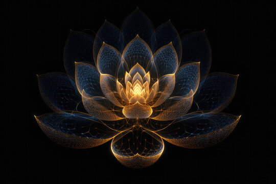 Glowing lotus on black background, generative AI