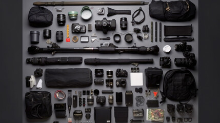 Expedition kit for a war photographer. preparation for departure, ai generative
