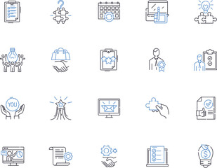 Marketing company outline icons collection. Marketing, Company, Advertising, Promotion, Strategies, Branding, Consultancy vector and illustration concept set. Consumers, Services, Brand linear signs