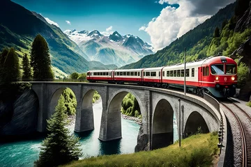 Naadloos Fotobehang Airtex Bernina Switzerland Express train crossing Landwasser Viaduct during summer in the Swiss Alps © Lyn Lyn
