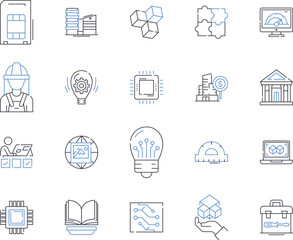 Engineering essentials outline icons collection. Engineering, Essentials, Design, Manufacturing, Engineering-Sciences, Structural, Automation vector and illustration concept set. Components, Systems