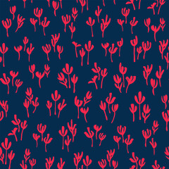 Abstract leaves seamless repeat pattern. Multicolored, vector botanical elements all over surface print on dark blue background.