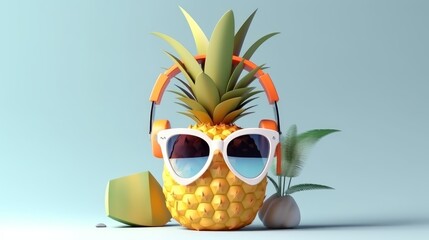 Generative ai of sun summer pineapple character wearing sunglasses