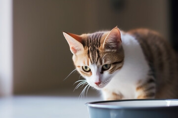 cute cat is eating in a bowl