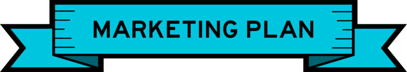 Blue color ribbon label banner with word marketing plan on white background
