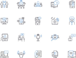 Community outline icons collection. Commune, Society, Gathering, Congregation, Group, Network, Collective vector and illustration concept set. Brotherhood, Alliance, Unity linear signs