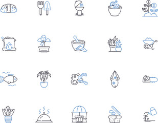 Farming outline icons collection. Cropping, Cultivation, Plowing, Planting, Tillage, Irrigation, Reaping vector and illustration concept set. Harvesting, Sowing, Weeding linear signs