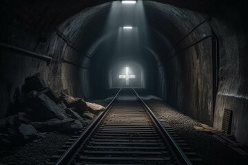 Fototapeta na wymiar A dark tunnel with a cross in the distance, Generative AI