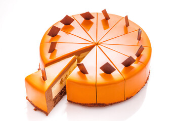 Round orange cake divided into a large number of pieces