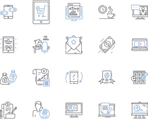 Start up management outline icons collection. Entrepreneurship, Incubation, Venture, Capital, Investment, Growth, Expansion vector and illustration concept set. Planning, Strategy, Innovation linear