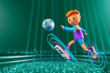 3D boy character football player in soccer action. 3d illustration. sports background concept. men kick motion. sports action person. graphic wallpaper. cartoon game soccer. creative poster layout