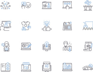 Marketing plan outline icons collection. Strategy, Tools, Budget, Promotion, Research, Analysis, Objectives vector and illustration concept set. Audience, Goals, Execution linear signs