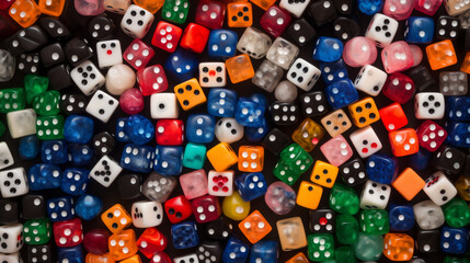Top view of many colourful dices background - obrazy, fototapety, plakaty