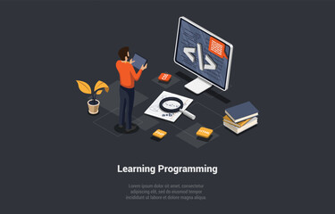 Programming And Coding Learning Concept. Software Coding, Testing, Debugging. Mobile Apps Programming. SEO, Search Engine. Developer Learning New Languages For Code. Isometric 3d Vector Illustration