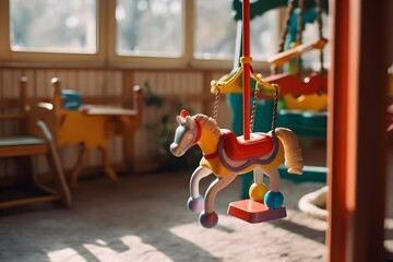 ..Child happily rides on colorful rocking horse in sunny kindergarten.