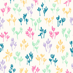 Fototapeta na wymiar Pastel colored abstract leaves seamless repeat pattern. Multicolored, vector botanical elements all over surface print.