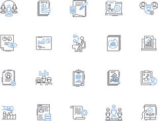 Survey and research outline icons collection. Surveying, Researching, Questioning, Examining, Investigating, Analysis, Analyzing vector and illustration concept set. Polling, Probing, Measuring linear