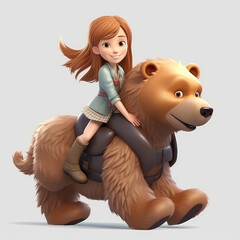 ai generative illustration of cute girl riding a friendly bear
