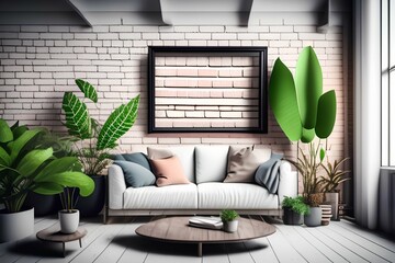 closeup on white coffee table with brick wall in background and potted leaves on one side - generative ai

