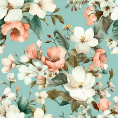 Nahtloser Hintergrund mit weißen und apricot farbigen Sommerblumen auf hell Petrol Hintergrund, Generative AI © Jennifer