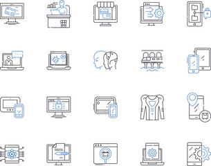 Internet and science outline icons collection. internet, science, technology, innovation, research, development, computer vector and illustration concept set. software, hardware, network linear signs