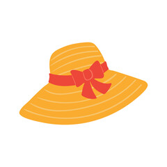 Straw hat, sun hat with a bow hand drawn illustration. Cartoon style flat design, isolated vector. Summer print, seasonal element, holidays, vacations, beach headwear