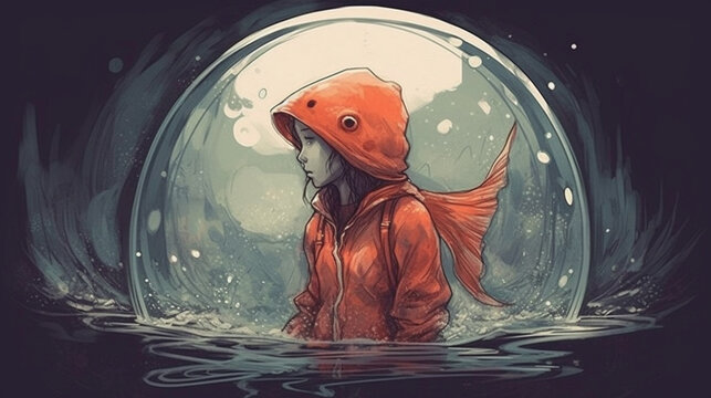 girl and fish. Thought-provoking illustrations
