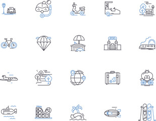 Traveling people outline icons collection. Travellers, Voyagers, Roamers, Explorers, Adventurers, Wanderers, Journeyers vector and illustration concept set. Globetrotters,Vagabonds,Backpackers linear