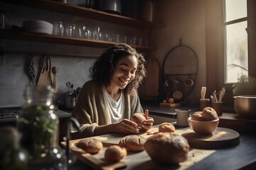 ..Joyful woman making breakfast with family in cozy kitchen. - obrazy, fototapety, plakaty