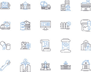 Real Estate Technology outline icons collection. Realty, Technological, Proptech, Innovation, Automation, AI, Analytics vector and illustration concept set. Digital, Platforms, Net linear signs