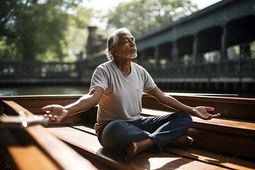 Fototapeta na wymiar ..Yoga practitioner unwinding on a bench in a meditative boat pose