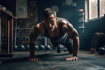 ..Man strength training with push-ups on mat in gym. - obrazy, fototapety, plakaty